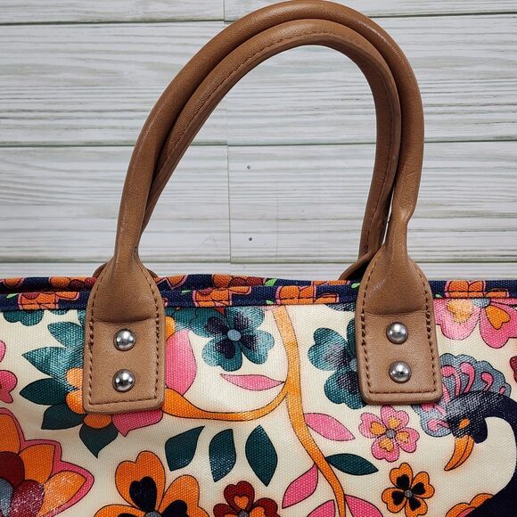 Coated Canvas Bright Colors Tote Bag Crossbody Great Size Flower Inside Pockets - Picture 7 of 16